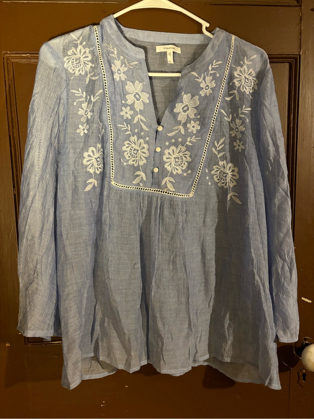 Maurices Light Blue Floral Embroidered V-Neck Tunic